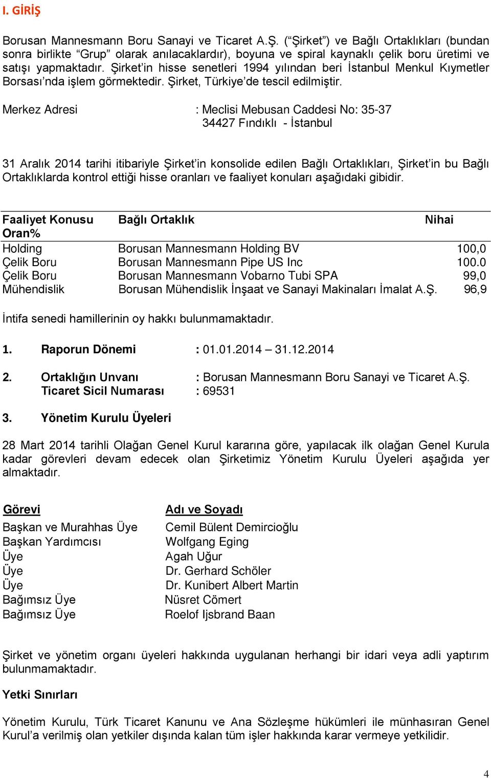 Merkez Adresi : Meclisi Mebusan Caddesi No: 35-37 34427 Fındıklı - İstanbul 31 Aralık 2014 tarihi itibariyle Şirket in konsolide edilen Bağlı Ortaklıkları, Şirket in bu Bağlı Ortaklıklarda kontrol