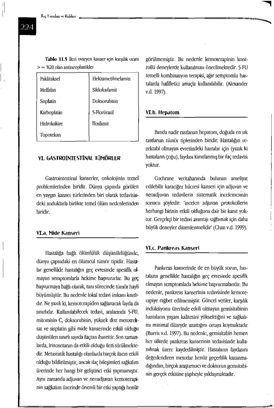 Sisplatin Karboplatin Doksorubisin 5-Florürasil Vl.b. Hepatom Hidrokslüre İfosfamit Topotekan VI. GASTROİNTESTİNAL TÜMÖRLER Gastrolntestinal kanserler, onkolojinin temel problemlerinden biridir.