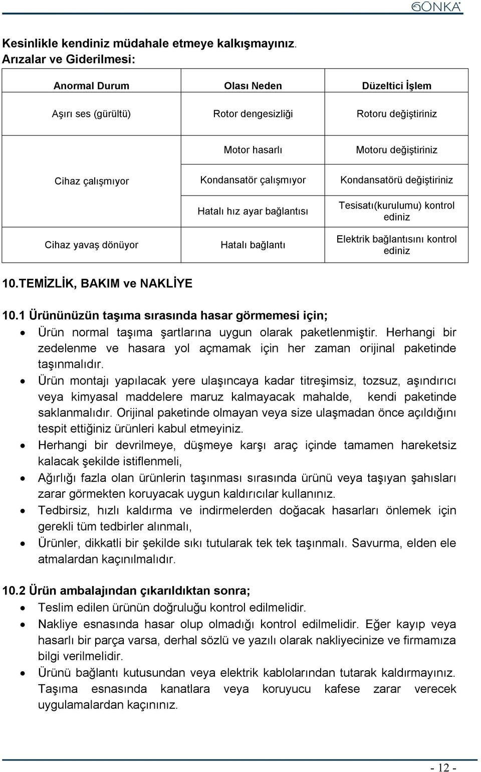 Kondansatör çalışmıyor Hatalı hız ayar bağlantısı Hatalı bağlantı Kondansatörü değiştiriniz Tesisatı(kurulumu) kontrol ediniz Elektrik bağlantısını kontrol ediniz 10.TEMİZLİK, BAKIM ve NAKLİYE 10.