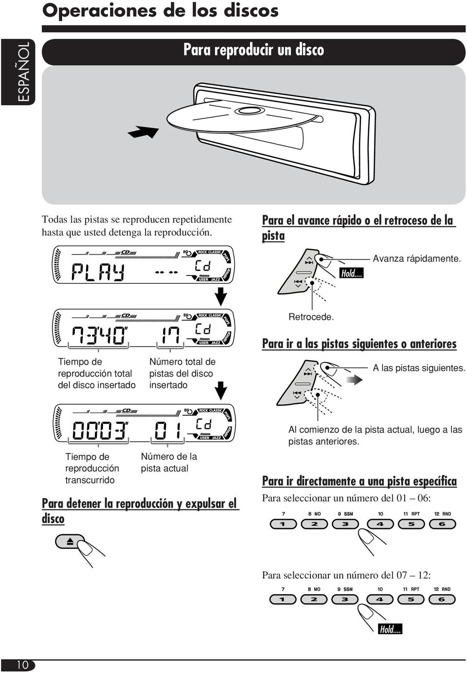 Tiempo de reproducción total del disco insertado Número total de pistas del disco insertado Para ir a las pistas siguientes o anteriores A las pistas siguientes.