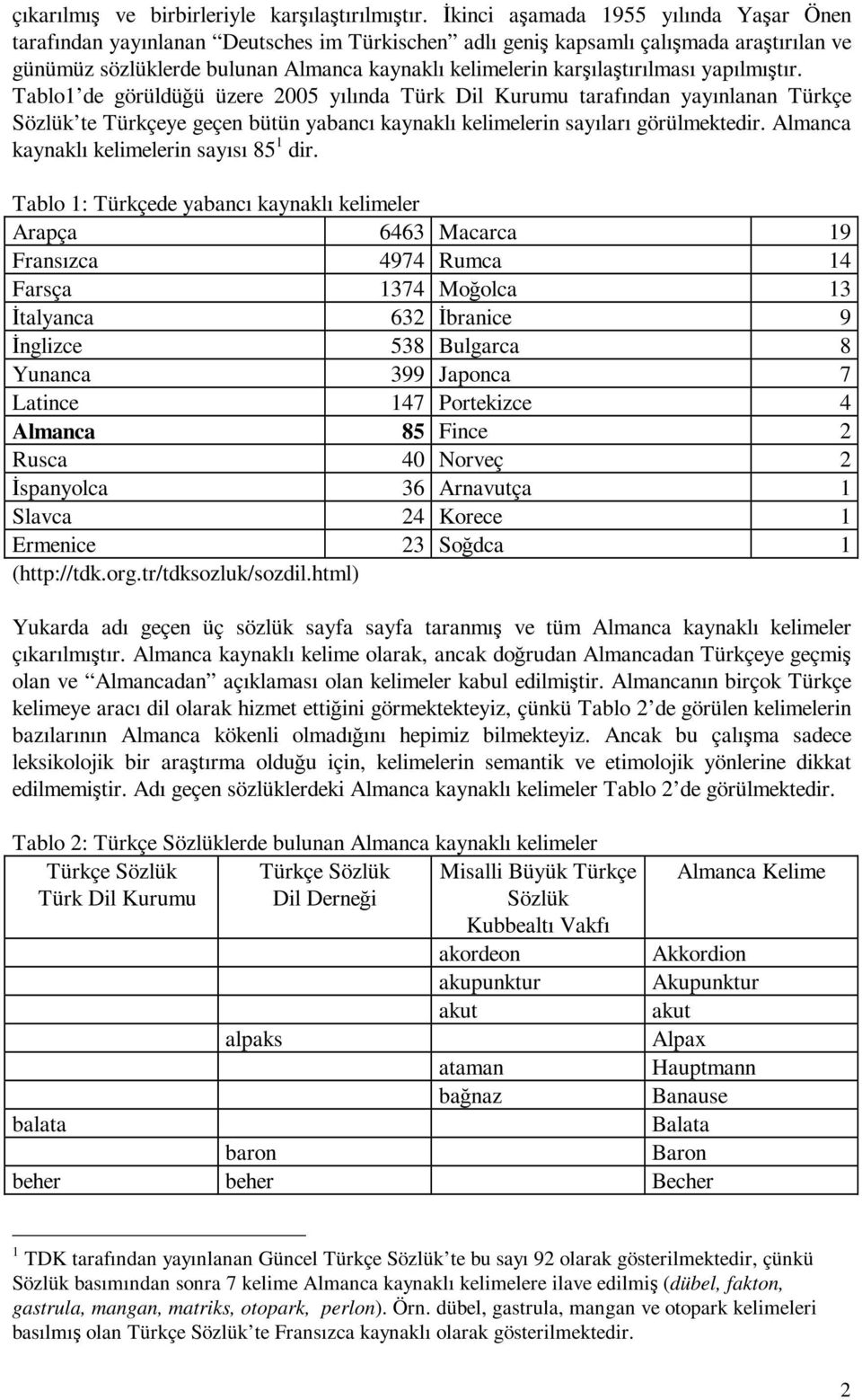 karşılaştırılması yapılmıştır. Tablo1 de görüldüğü üzere 2005 yılında Türk Dil Kurumu tarafından yayınlanan Türkçe Sözlük te Türkçeye geçen bütün yabancı kaynaklı kelimelerin sayıları görülmektedir.