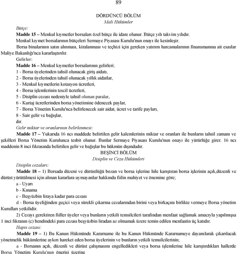 Borsa binalarının satın alınması, kiralanması ve teçhizi için gereken yatırım harcamalarının finansmanına ait esaslar Maliye Bakanlığı'nca kararlaştırılır.