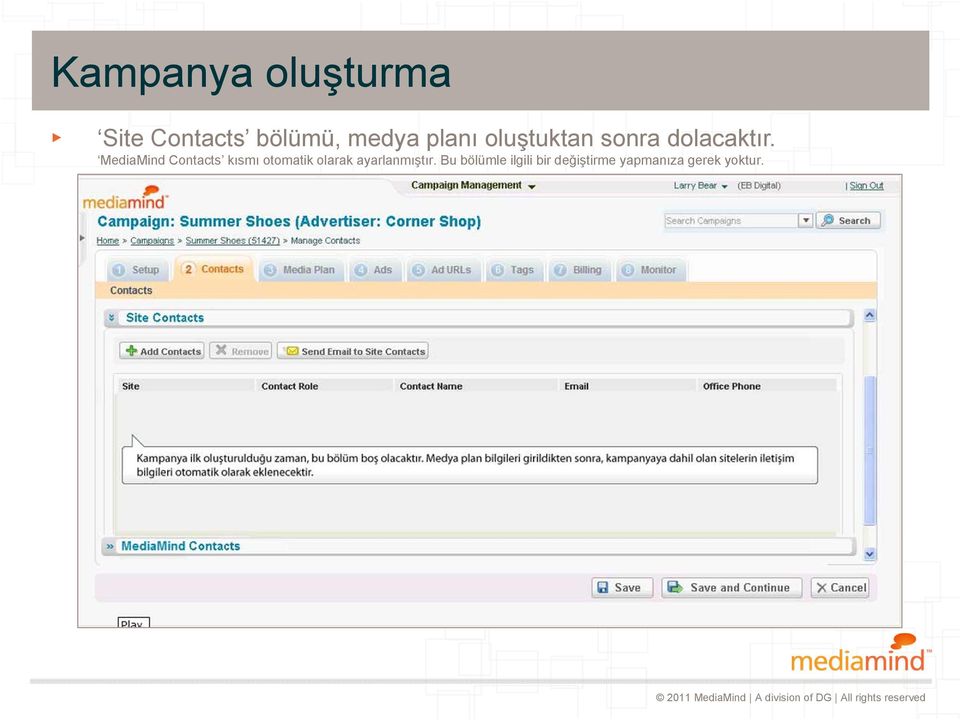 MediaMind Contacts kısmı otomatik olarak