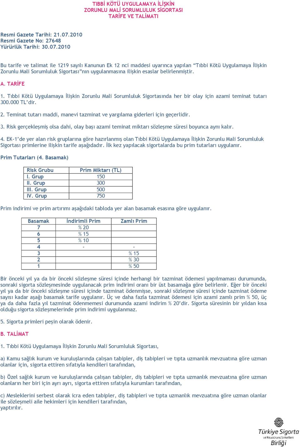 2010 Bu tarife ve talimat ile 1219 sayılı Kanunun Ek 12 nci maddesi uyarınca yapılan Tıbbi Kötü Uygulamaya Đlişkin Zorunlu Mali Sorumluluk Sigortası nın uygulanmasına ilişkin esaslar belirlenmiştir.