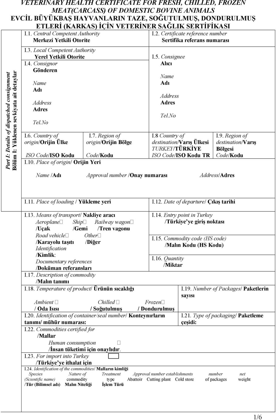 Local Competent Authority Yerel Yetkili Otorite I.4. Consignor Gönderen Name Adı Address Adres Tel.No I.6. Country of origin/orijin Ülke I.7.