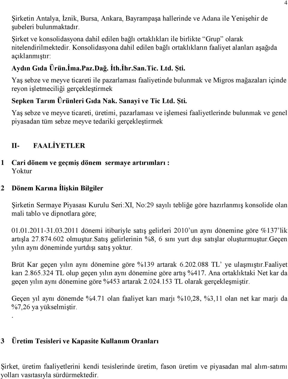 Konsolidasyona dahil edilen bağlı ortaklıkların faaliyet alanları aģağıda açıklanmıģtır: Aydın Gıda Ürün.Ġma.Paz.Dağ. Ġth.Ġhr.San.Tic. Ltd. ġti.