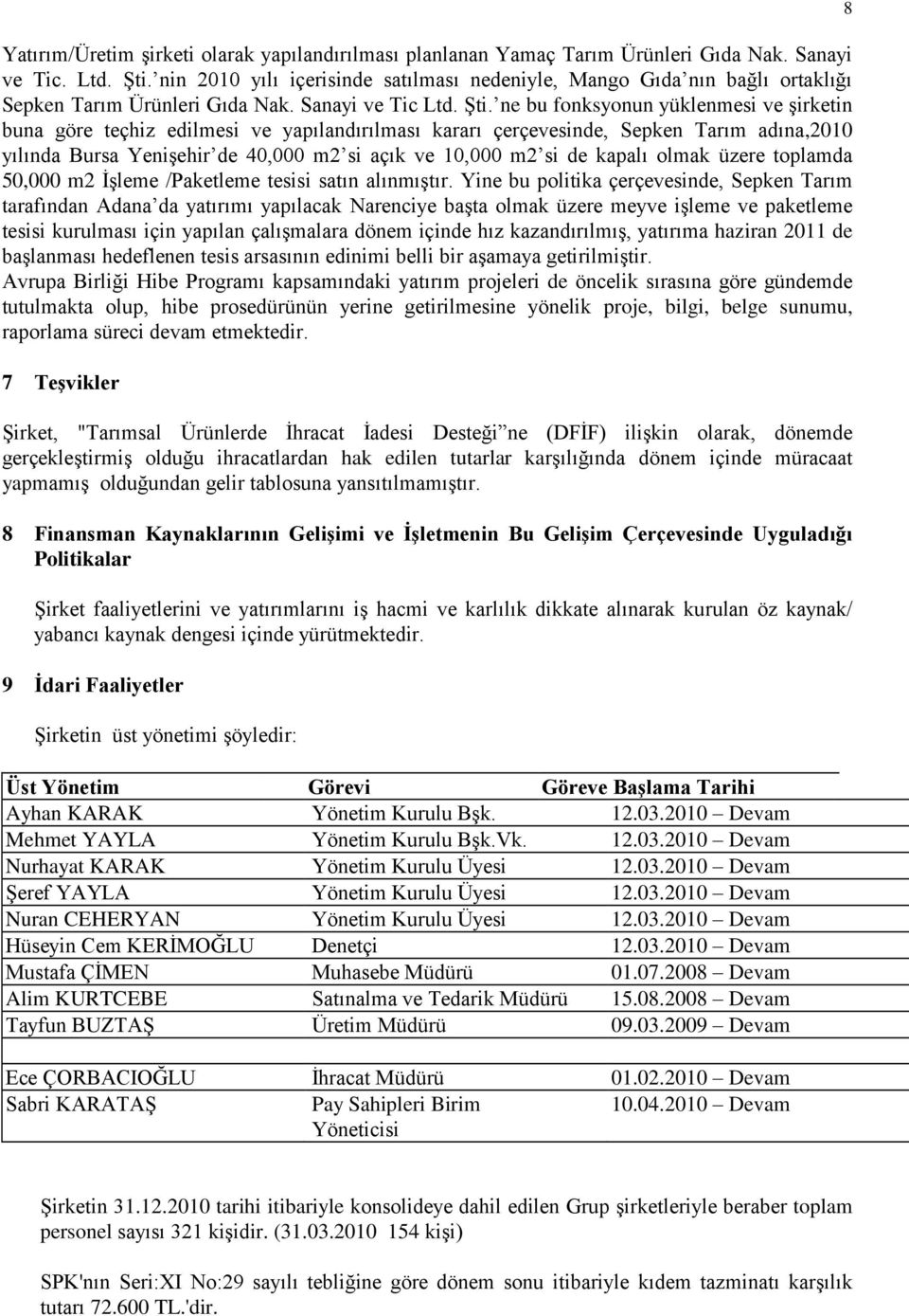 ne bu fonksyonun yüklenmesi ve Ģirketin buna göre teçhiz edilmesi ve yapılandırılması kararı çerçevesinde, Sepken Tarım adına,2010 yılında Bursa YeniĢehir de 40,000 m2 si açık ve 10,000 m2 si de