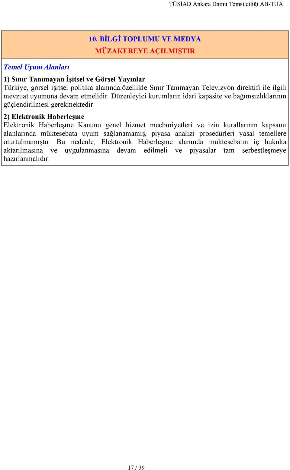 2) Elektronik Haberleşme Elektronik Haberleşme Kanunu genel hizmet mecburiyetleri ve izin kurallarının kapsamı alanlarında müktesebata uyum sağlanamamış, piyasa analizi