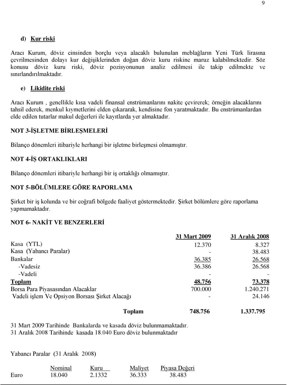 e) Likidite riski Aracı Kurum, genellikle kısa vadeli finansal enstrümanlarını nakite çevirerek; örneğin alacaklarını tahsil ederek, menkul kıymetlerini elden çıkararak, kendisine fon yaratmaktadır.