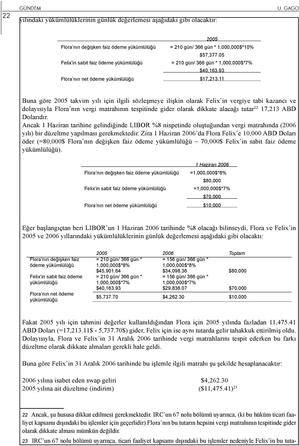 11 Buna göre 2005 takvim yılı için ilgili sözleşmeye ilişkin olarak Felix in vergiye tabi kazancı ve dolayısıyla Flora nın vergi matrahının tespitinde gider olarak dikkate alacağı tutar 22 17,213 ABD