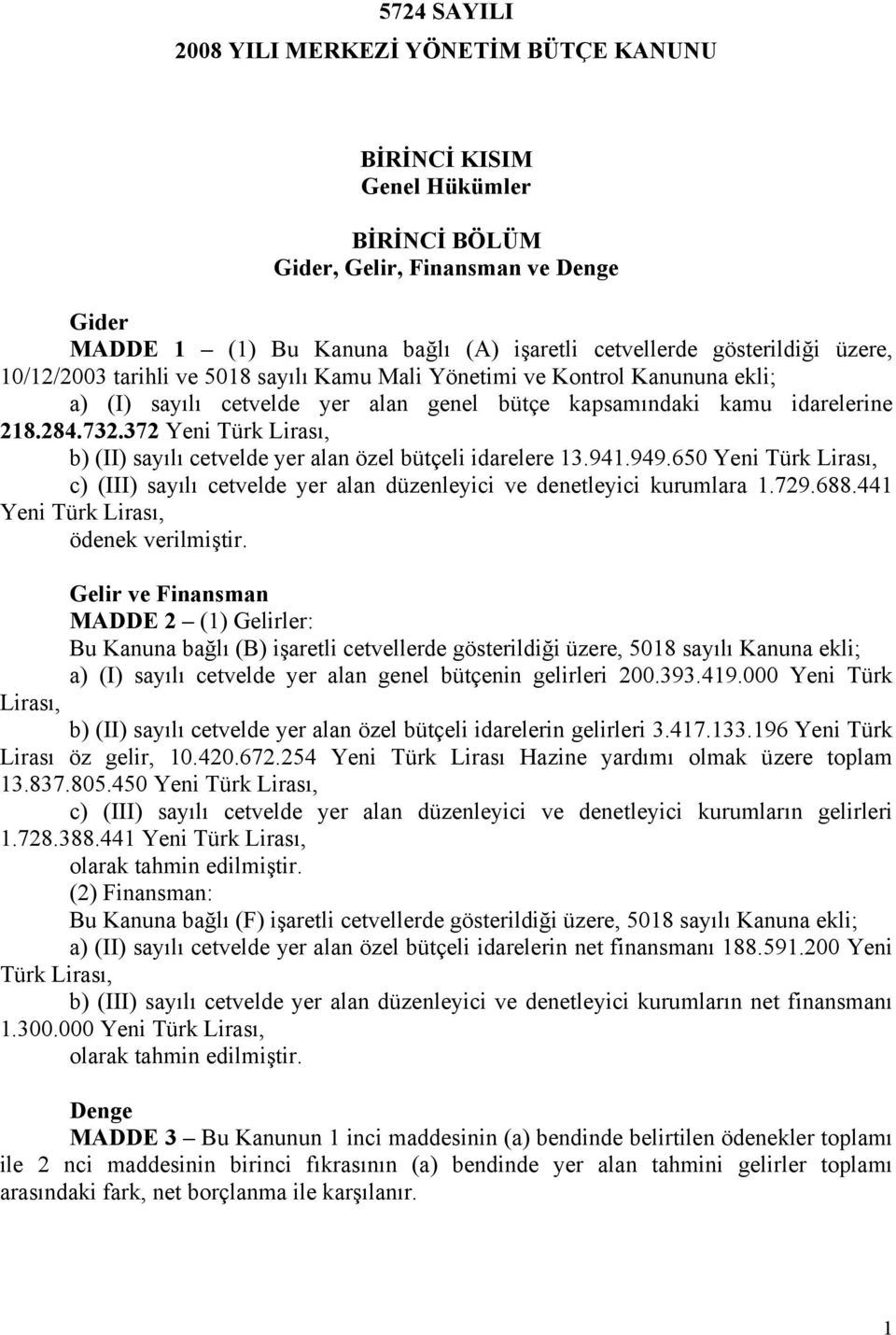 372 Yeni Türk Lirası, b) (II) sayılı cetvelde yer alan özel bütçeli idarelere 13.941.949.650 Yeni Türk Lirası, c) (III) sayılı cetvelde yer alan düzenleyici ve denetleyici kurumlara 1.729.688.