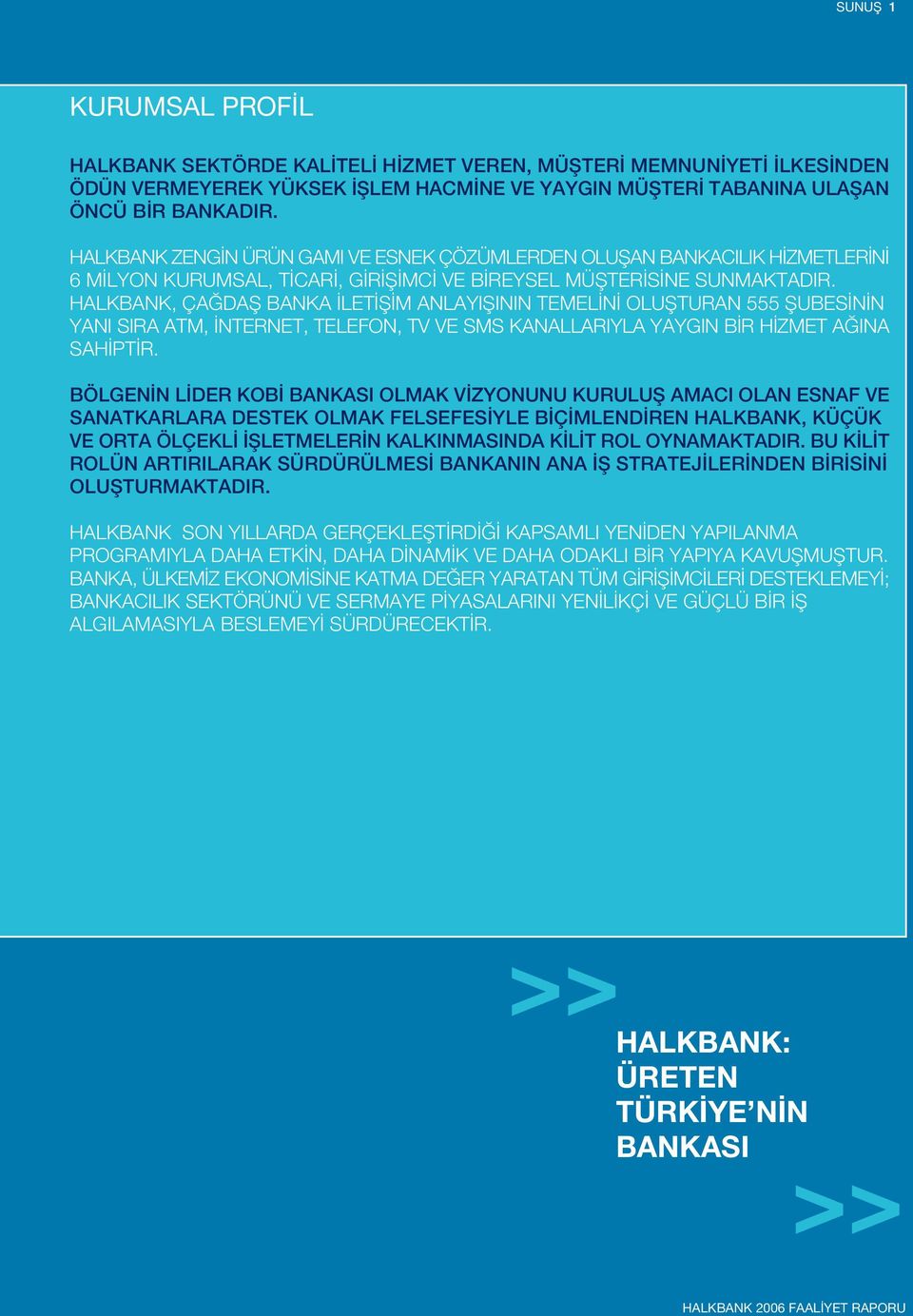 HALKBANK, ÇA DAfi BANKA LET fi M ANLAYIfiININ TEMEL N OLUfiTURAN 555 fiubes N N YANI SIRA ATM, NTERNET, TELEFON, TV VE SMS KANALLARIYLA YAYGIN B R H ZMET A INA SAH PT R.