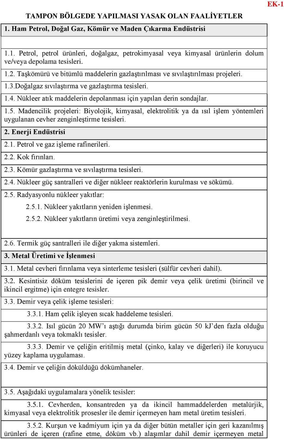 Nükleer atık maddelerin depolanması için yapılan derin sondajlar. 1.5. Madencilik projeleri: Biyolojik, kimyasal, elektrolitik ya da ısıl işlem yöntemleri uygulanan cevher zenginleştirme tesisleri. 2.