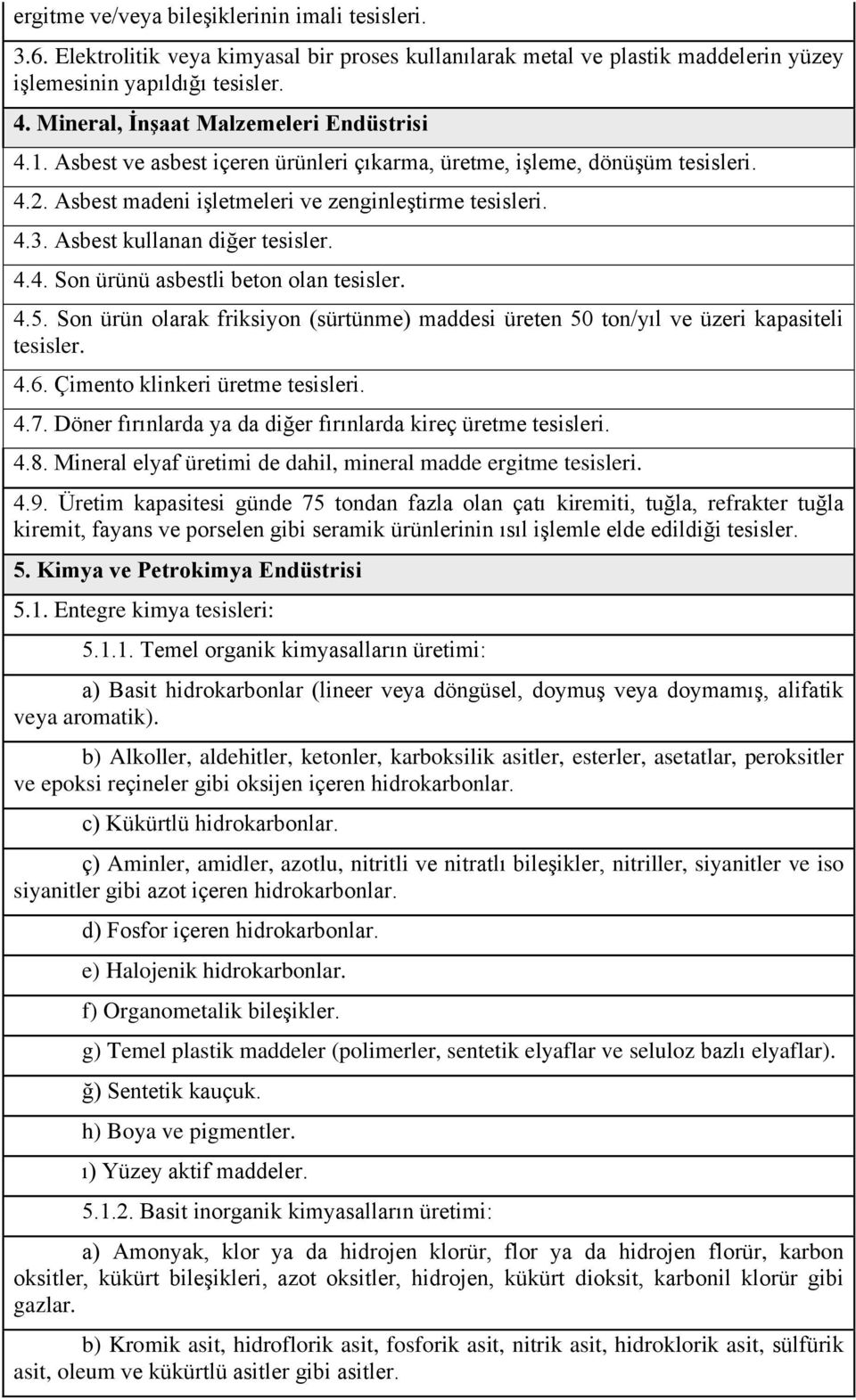 Asbest kullanan diğer tesisler. 4.4. Son ürünü asbestli beton olan tesisler. 4.5. Son ürün olarak friksiyon (sürtünme) maddesi üreten 50 ton/yıl ve üzeri kapasiteli tesisler. 4.6.