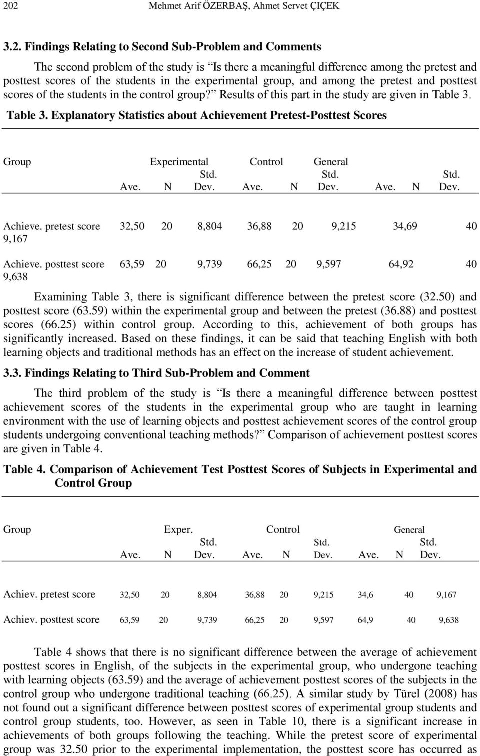 Table 3. Explanatory Statistics about Achievement Pretest-Posttest Scores Group Experimental Control General Std. Std. Std. Ave. N Dev. Ave. N Dev. Ave. N Dev. Achieve. pretest score 32,50 20 8,804 36,88 20 9,215 34,69 40 9,167 Achieve.