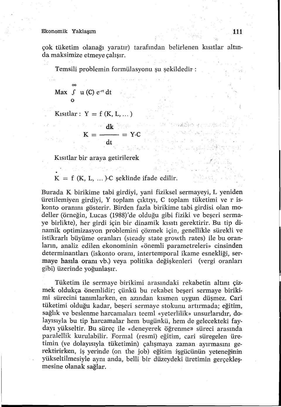 Burada K birikime tabi girdiyi, yani fiziksel sermayeyi, L yeniden üretilemiryen girdiyi, Y toplam çıktıyı, C toplam tüketimi ve r iskonto oranını gösterir.