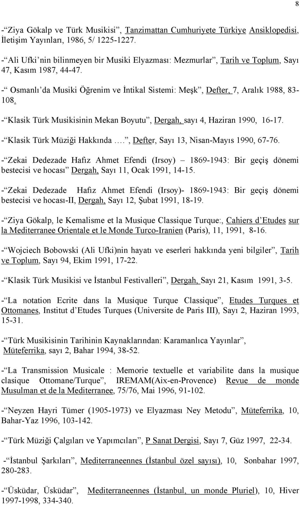- Klasik Türk Musikisinin Mekan Boyutu, Dergah, sayı 4, Haziran 1990, 16-17. - Klasik Türk Müziği Hakkında., Defter, Sayı 13, Nisan-Mayıs 1990, 67-76.