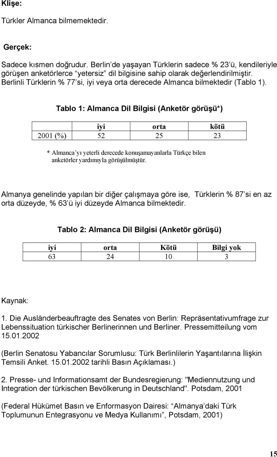 Berlinli Türklerin % 77 si, iyi veya orta derecede Almanca bilmektedir (Tablo 1).