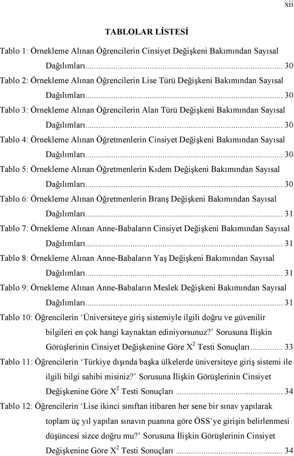 .. 30 Tablo 4: Örnekleme Alınan Öğretmenlerin Cinsiyet Değişkeni Bakımından Sayısal Dağılımları... 30 Tablo 5: Örnekleme Alınan Öğretmenlerin Kıdem Değişkeni Bakımından Sayısal Dağılımları.