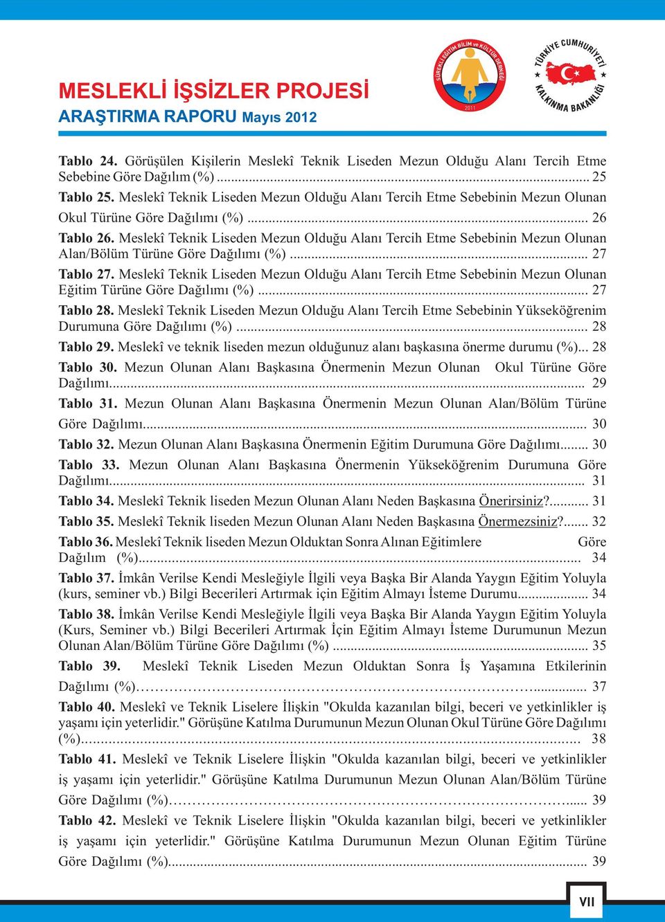 eslekî Teknik iseden ezun Olduðu Alaný Tercih tme ebebinin ezun Olunan Alan/Bölüm Türüne Göre Daðýlýmý (%)... 27 Tablo 27.