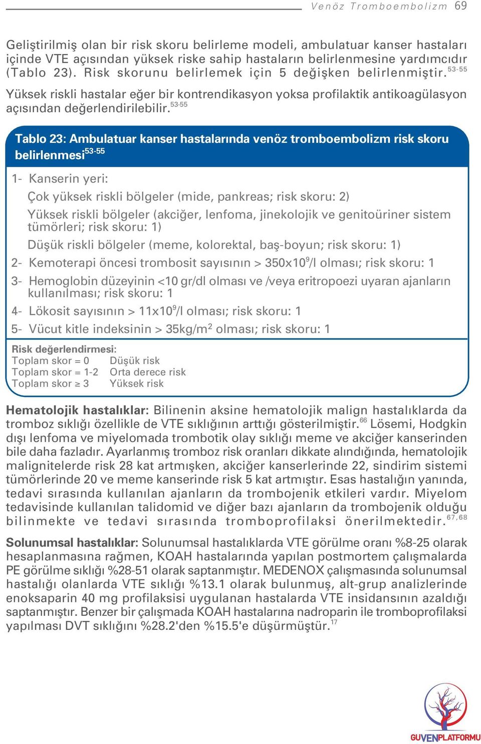 53-55 Tablo 23: Ambulatuar kanser hastalar nda venöz tromboembolizm risk skoru belirlenmesi 53-55 1- Kanserin yeri: Çok yüksek riskli bölgeler (mide, pankreas; risk skoru: 2) Yüksek riskli bölgeler