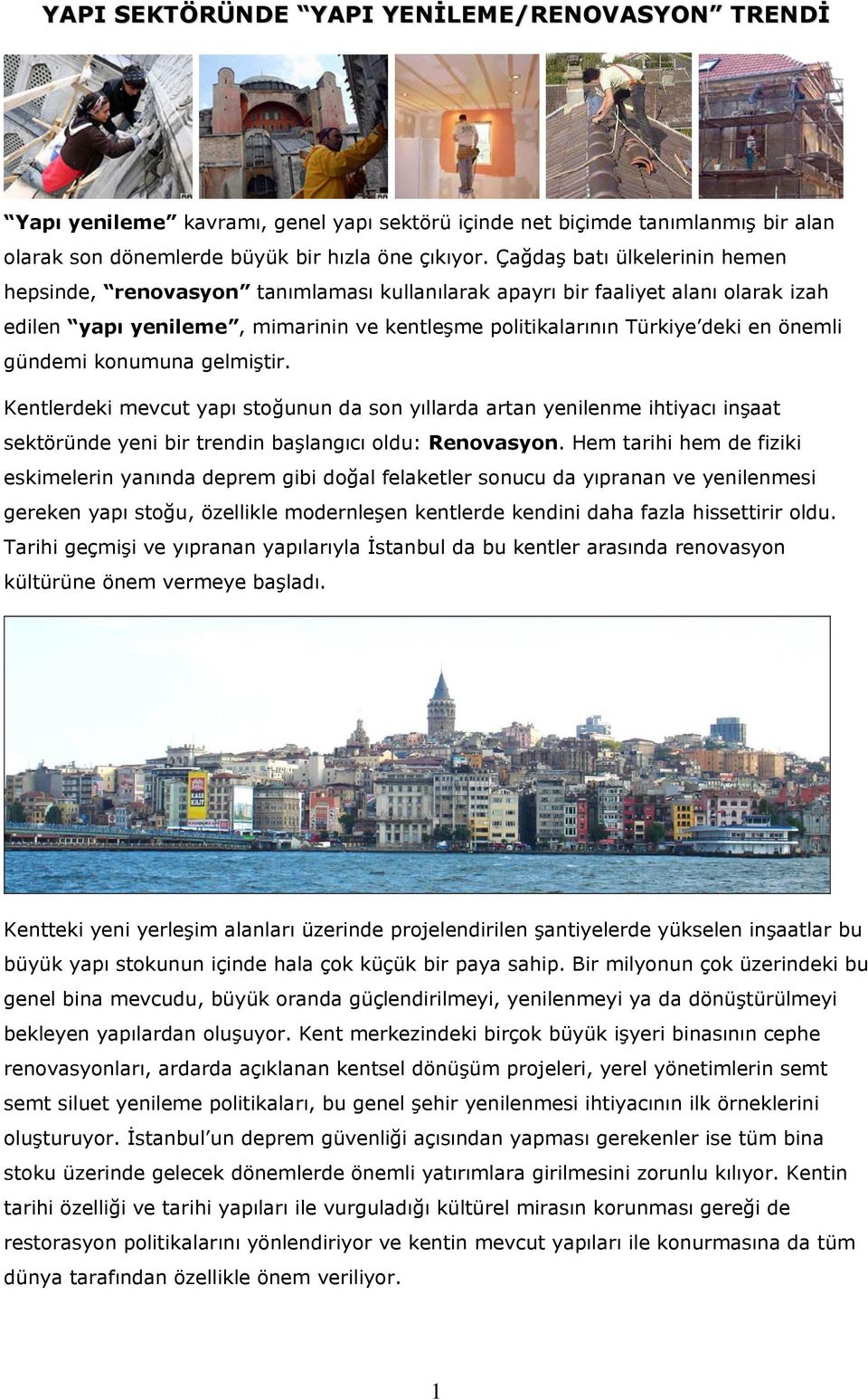 gündemi konumuna gelmiştir. Kentlerdeki mevcut yapı stoğunun da son yıllarda artan yenilenme ihtiyacı inşaat sektöründe yeni bir trendin başlangıcı oldu: Renovasyon.