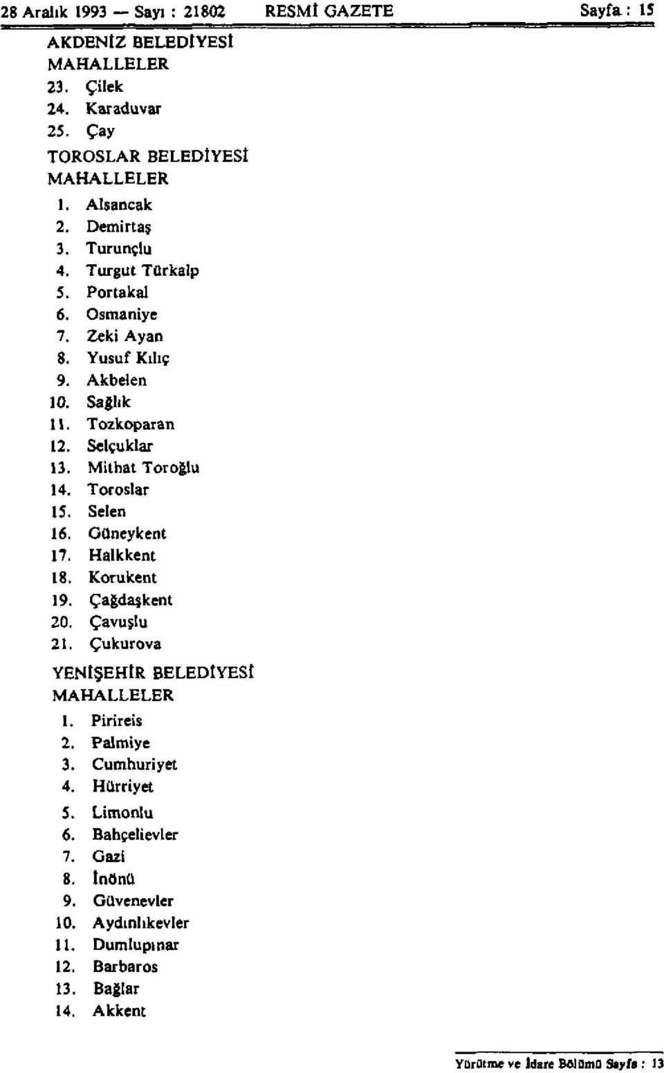 Toroslar 15. Selen 16. Güneykent 17. Halkkent 18. Korukent 19. Çağdaşkent 20. Çavuşlu 21. Çukurova YENİŞEHİR BELEDİYESİ MAHALLELER 1. Pirireis 2. Palmiye 3.