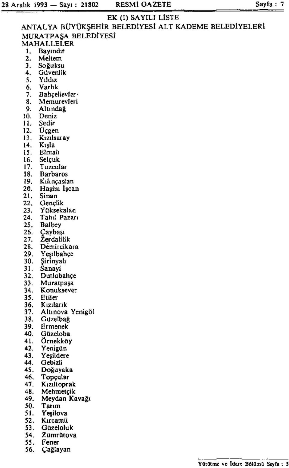 Haşim Işcan 21. Sinan 22. Gençlik 23. Yüksekalan 24. Tahıl Pazarı 25. Bal bey 26. Çaybaşı 27. Zerdalilik 28. Demircikara 29. Yeşılbahçe 30. Şirinyalı 31. Sanayi 32. Dutlubahçe 33. Muratpaşa 34.