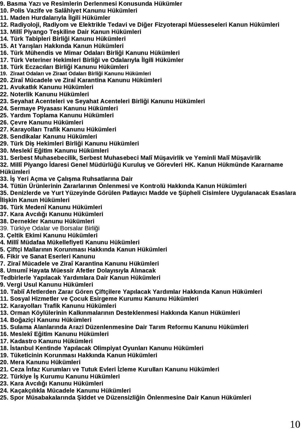 At Yarışları Hakkında Kanun Hükümleri 16. Türk Mühendis ve Mimar Odaları Birliği Kanunu Hükümleri 17. Türk Veteriner Hekimleri Birliği ve Odalarıyla İlgili Hükümler 18.