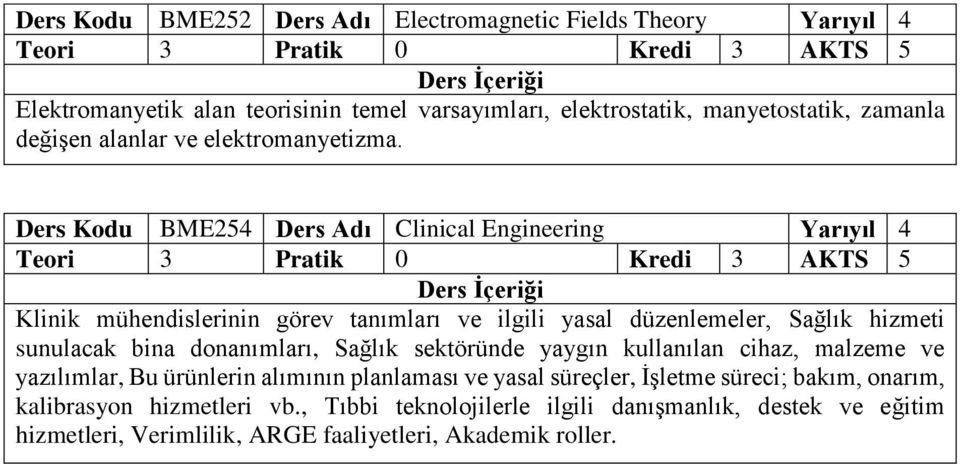 Ders Kodu BME254 Ders Adı Clinical Engineering Yarıyıl 4 Teori 3 Pratik 0 Kredi 3 AKTS 5 Klinik mühendislerinin görev tanımları ve ilgili yasal düzenlemeler, Sağlık hizmeti