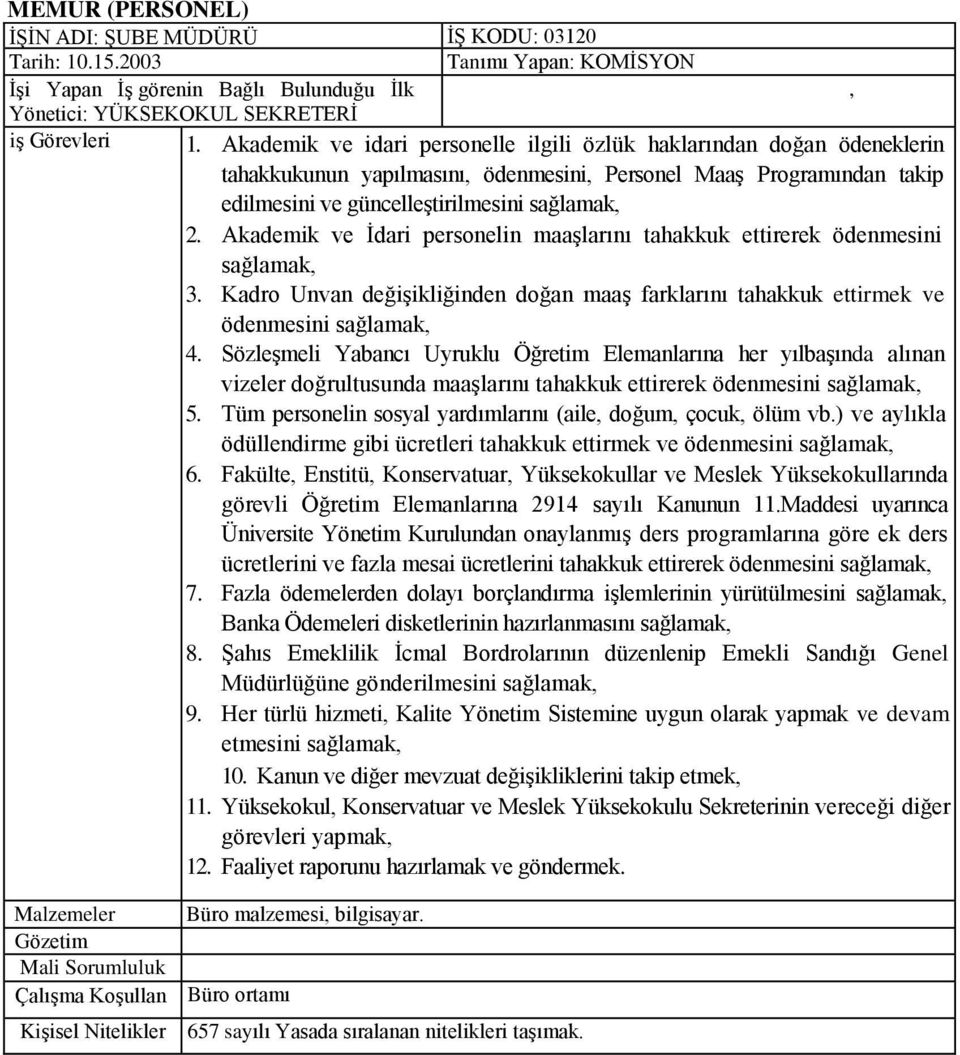 Akademik ve Ġdari personelin maaģlarını tahakkuk ettirerek ödenmesini sağlamak, 3. Kadro Unvan değiģikliğinden doğan maaģ farklarını tahakkuk ettirmek ve ödenmesini sağlamak, 4.