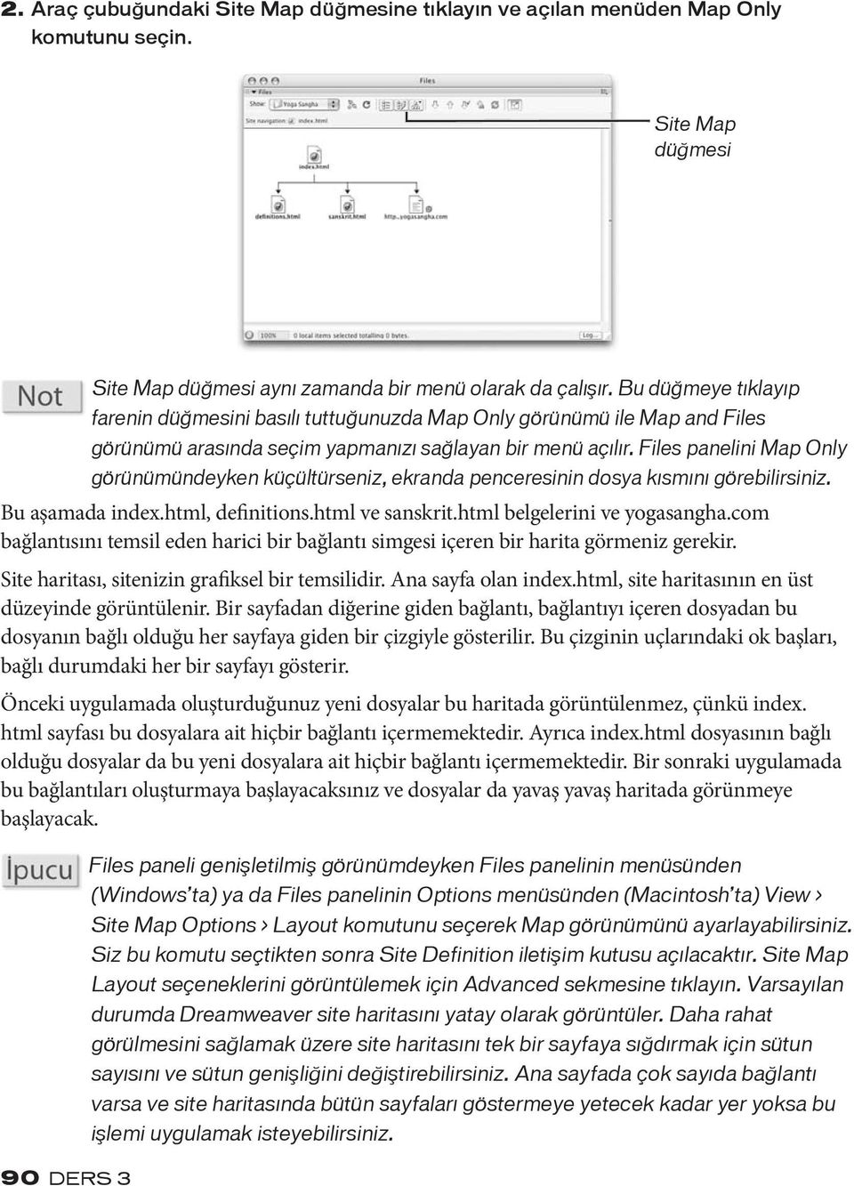 Files panelini Map Only görünümündeyken küçültürseniz, ekranda penceresinin dosya kısmını görebilirsiniz. Bu aşamada index.html, definitions.html ve sanskrit.html belgelerini ve yogasangha.