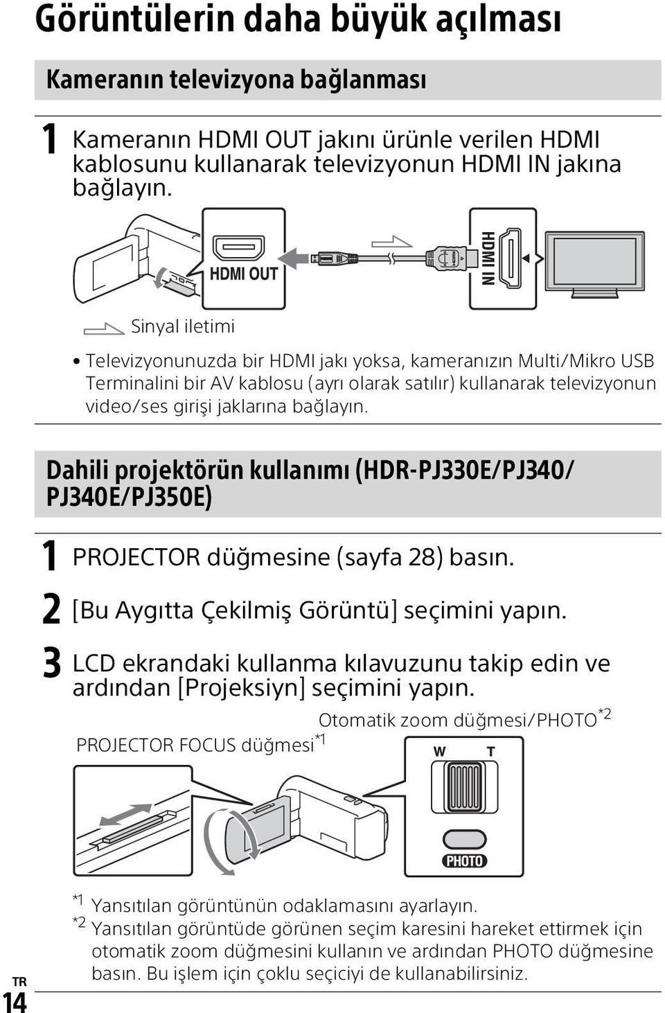 Dahili projektörün kullanımı (HDR-PJ330E/PJ340/ PJ340E/PJ350E) 1 PROJECTOR düğmesine (sayfa 28) basın. 2 [Bu Aygıtta Çekilmiş Görüntü] seçimini yapın.