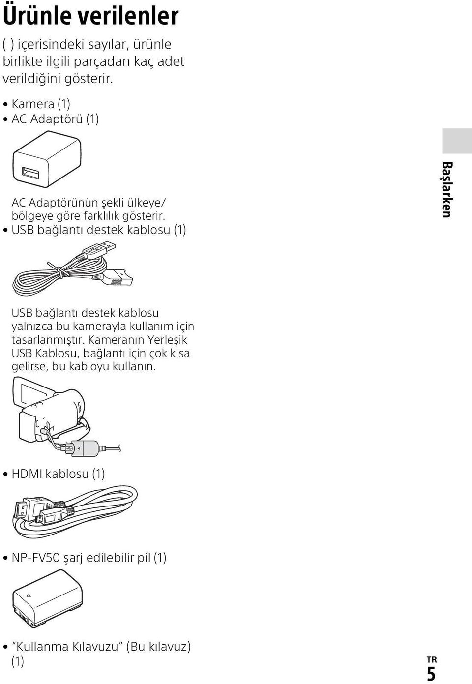 USB bağlantı destek kablosu (1) Başlarken USB bağlantı destek kablosu yalnızca bu kamerayla kullanım için tasarlanmıştır.