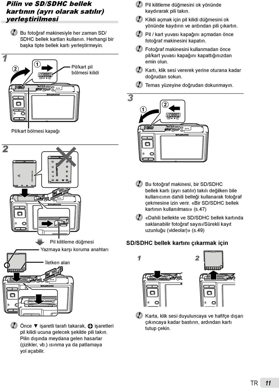 Pil / kart yuvası kapağını açmadan önce fotoğraf makinesini kapatın. Fotoğraf makinesini kullanmadan önce pil/kart yuvası kapağını kapattığınızdan emin olun.