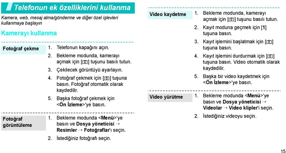 Başka fotoğraf çekmek için <Ön İzleme>'ye basın. 1. Bekleme modunda <Menü>'ye basın ve Dosya yöneticisi Resimler Fotoğraflar'ı seçin. 2. İstediğiniz fotoğrafı seçin. Video kaydetme Video yürütme 1.