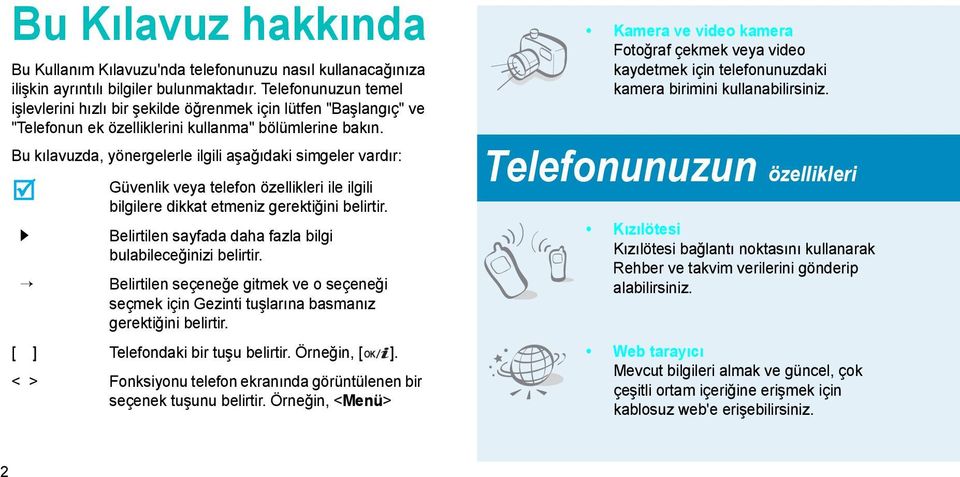 Bu kılavuzda, yönergelerle ilgili aşağıdaki simgeler vardır: Güvenlik veya telefon özellikleri ile ilgili bilgilere dikkat etmeniz gerektiğini belirtir.