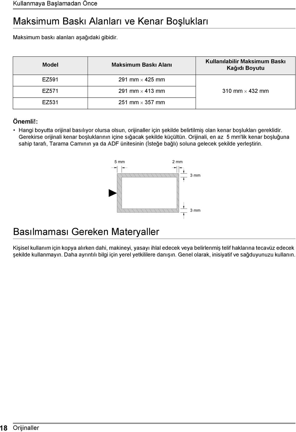 : Hangi boyutta orijinal basılıyor olursa olsun, orijinaller için şekilde belirtilmiş olan kenar boşlukları gereklidir. Gerekirse orijinali kenar boşluklarının içine sığacak şekilde küçültün.