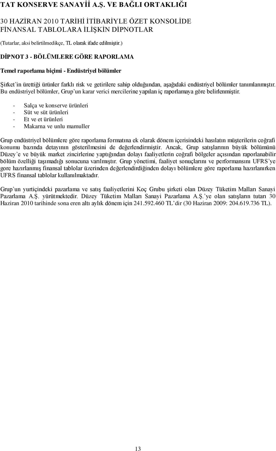 - Salça ve konserve ürünleri - Süt ve süt ürünleri - Et ve et ürünleri - Makarna ve unlu mamuller Grup endüstriyel bölümlere göre raporlama formatına ek olarak dönem içerisindeki hasılatın