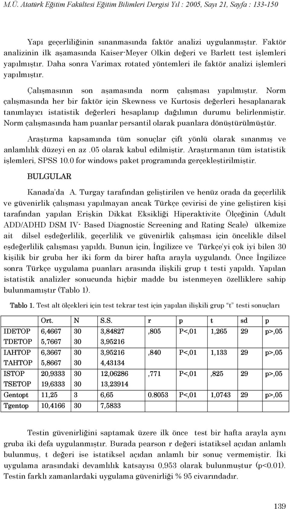 Norm çalışmasında her bir faktör için Skewness ve Kurtosis değerleri hesaplanarak tanımlayıcı istatistik değerleri hesaplanıp dağılımın durumu belirlenmiştir.