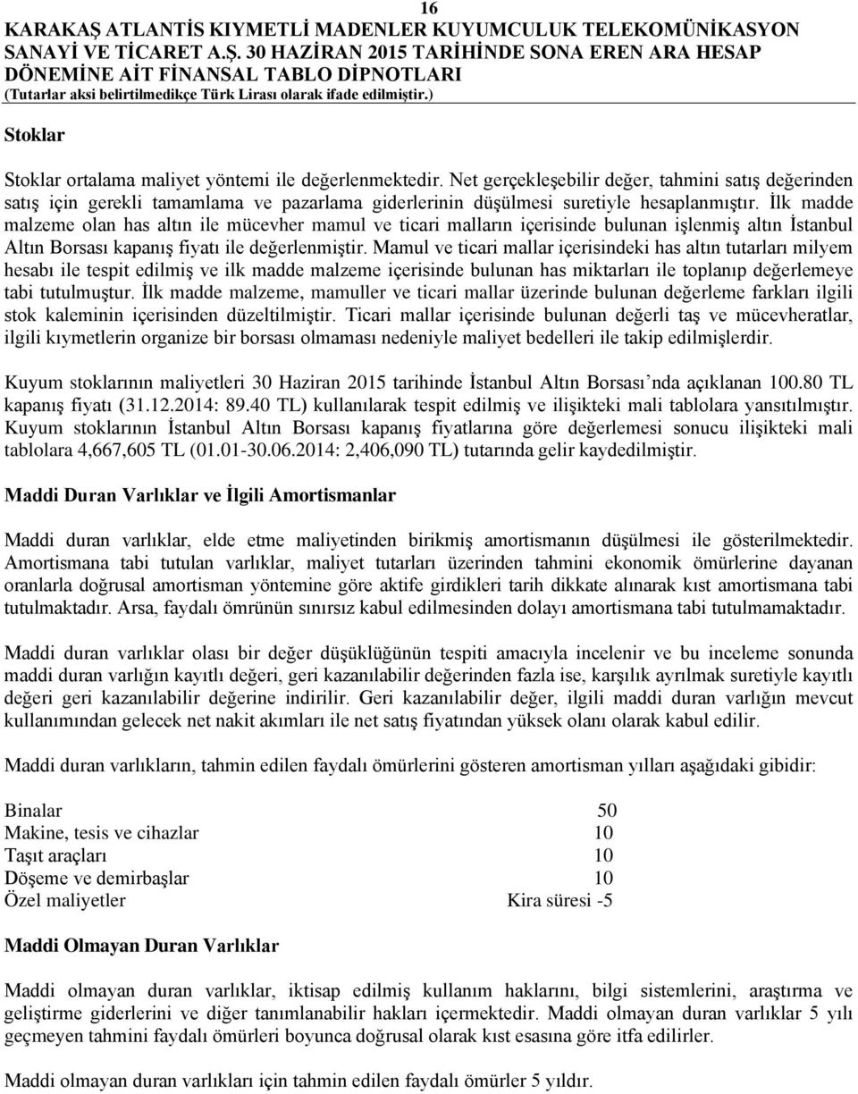 İlk madde malzeme olan has altın ile mücevher mamul ve ticari malların içerisinde bulunan işlenmiş altın İstanbul Altın Borsası kapanış fiyatı ile değerlenmiştir.