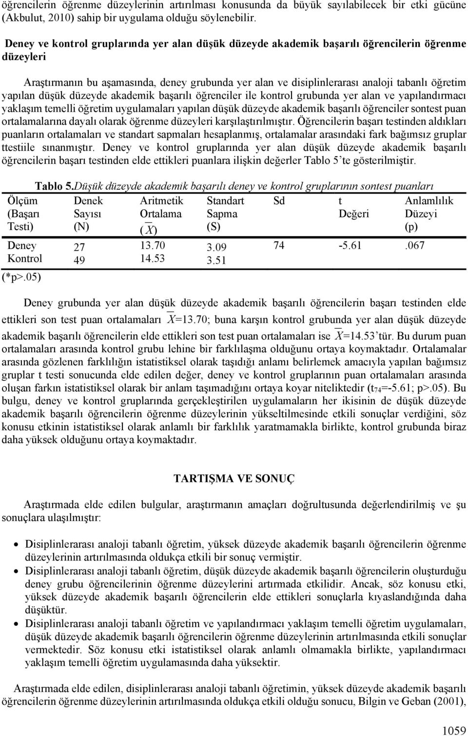 yapılan düşük düzeyde akademik başarılı öğrenciler ile kontrol grubunda yer alan ve yapılandırmacı yaklaşım temelli öğretim uygulamaları yapılan düşük düzeyde akademik başarılı öğrenciler sontest