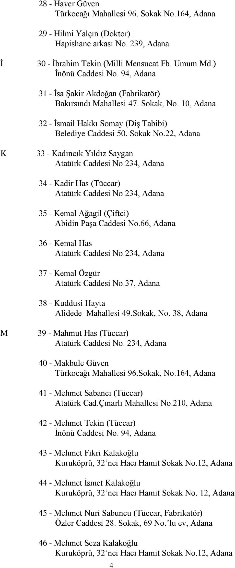 22, Adana K 33 - Kadıncık Yıldız Saygan Atatürk Caddesi No.234, Adana 34 - Kadir Has (Tüccar) Atatürk Caddesi No.234, Adana 35 - Kemal Ağagil (Çiftci) Abidin Paşa Caddesi No.