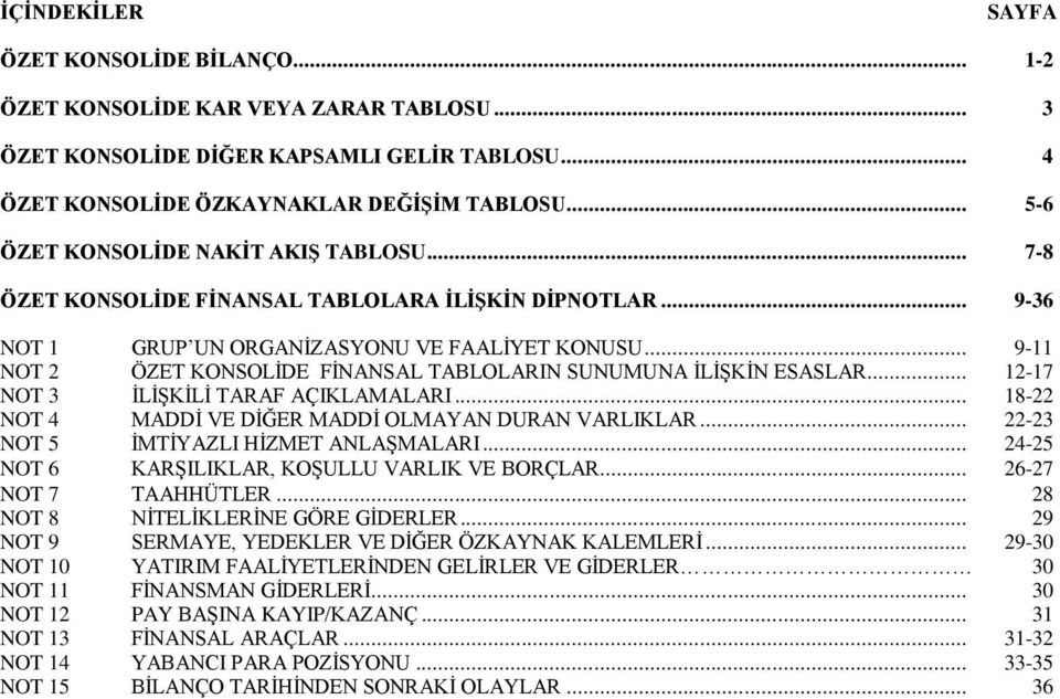 .. 12-17 NOT 3 İLİŞKİLİ TARAF AÇIKLAMALARI... 18-22 NOT 4 MADDİ VE DİĞER MADDİ OLMAYAN DURAN VARLIKLAR... 22-23 NOT 5 İMTİYAZLI HİZMET ANLAŞMALARI... 24-25 NOT 6 KARŞILIKLAR, KOŞULLU VARLIK VE BORÇLAR.