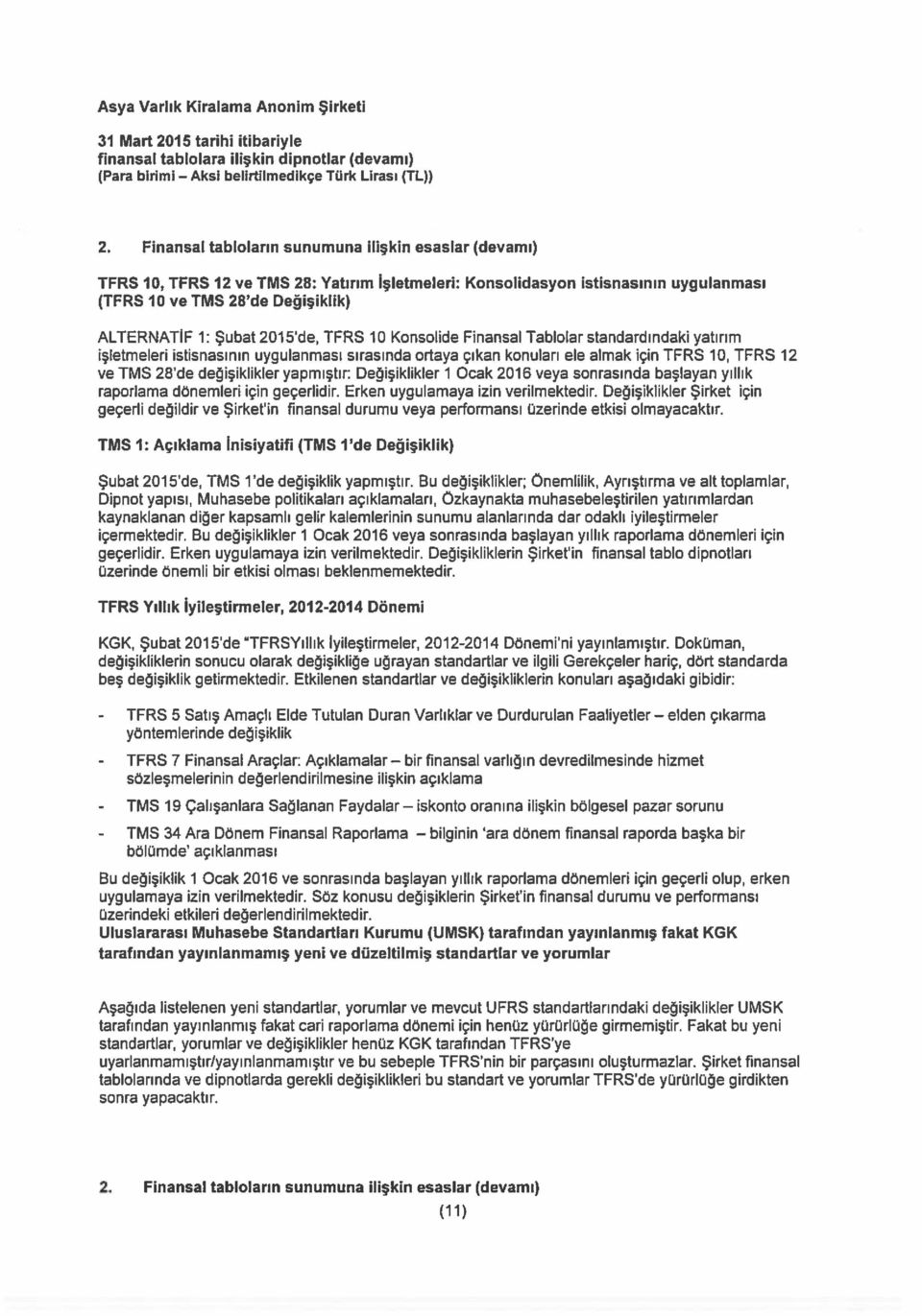 2015 de, TFRS 10 Konsolide Finansal Tablolar standardındaki yatırım işletmeleri istisnasının uygulanması sırasında ortaya çıkan konuları ele almak için TFRS 10, TFRS 12 ve TMS 28 de değişiklikler