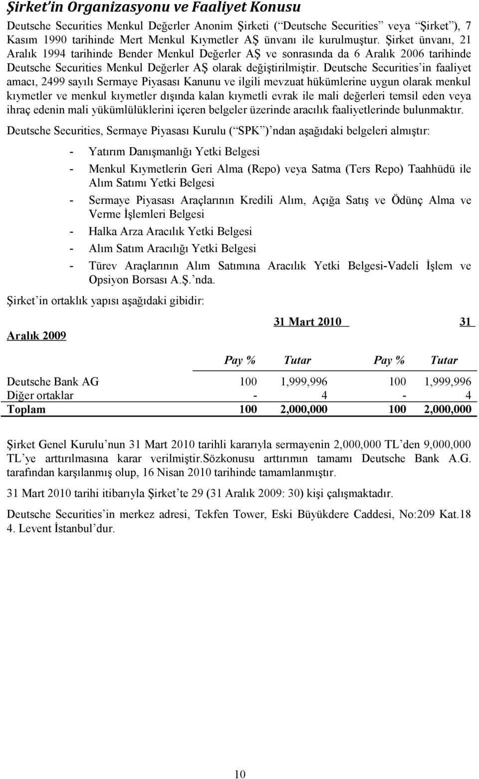 Deutsche Securities in faaliyet amacı, 2499 sayılı Sermaye Piyasası Kanunu ve ilgili mevzuat hükümlerine uygun olarak menkul kıymetler ve menkul kıymetler dışında kalan kıymetli evrak ile mali