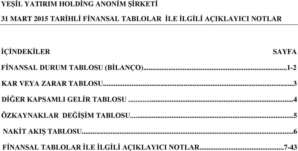 ..1-2 KAR VEYA ZARAR TABLOSU...3 DİĞER KAPSAMLI GELİR TABLOSU.