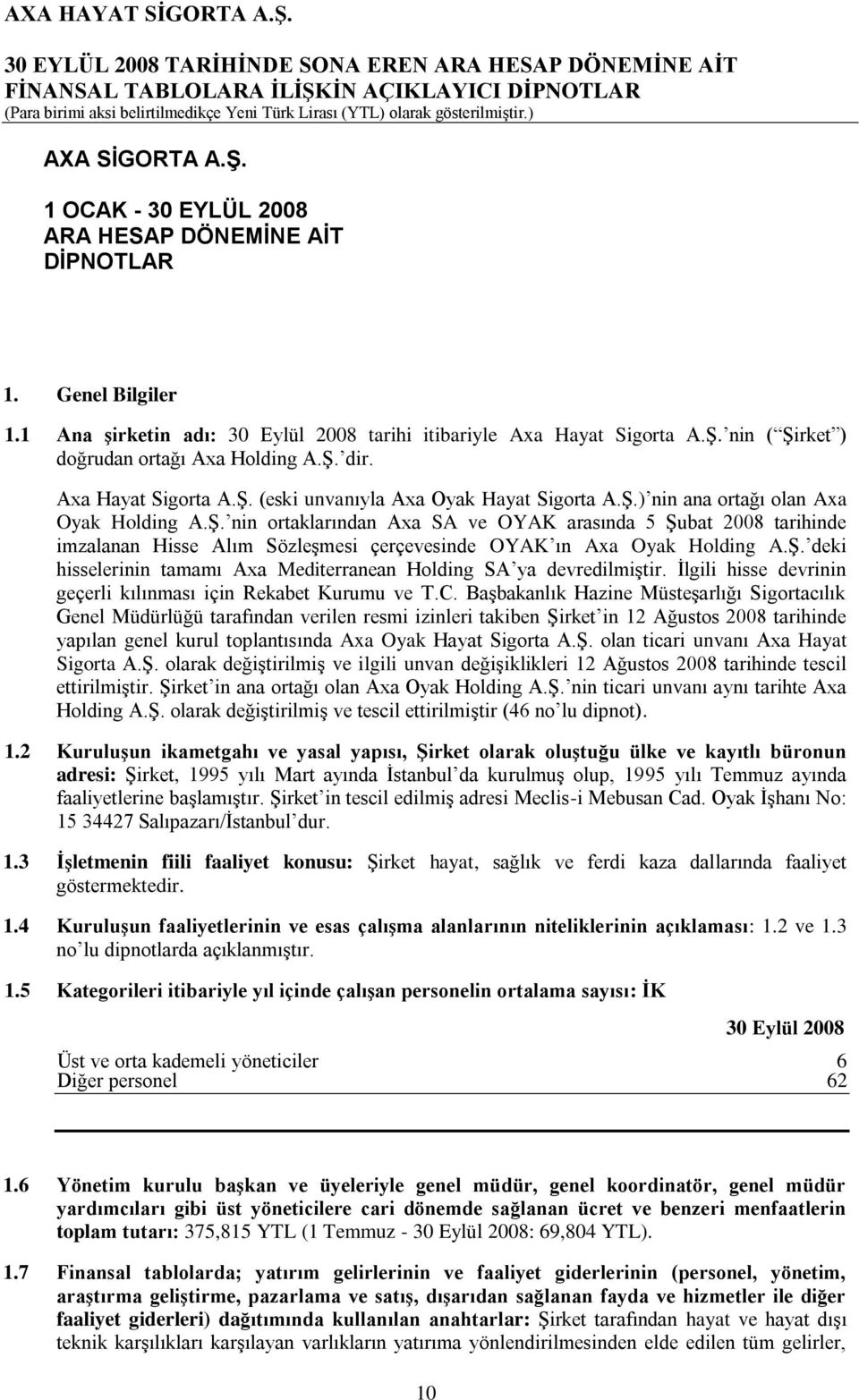 Ş. deki hisselerinin tamamı Axa Mediterranean Holding SA ya devredilmiştir. İlgili hisse devrinin geçerli kılınması için Rekabet Kurumu ve T.C.