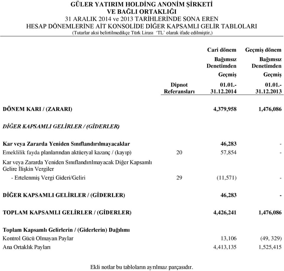 2014 GeçmiĢ dönem Bağımsız Denetimden GeçmiĢ 31.12.