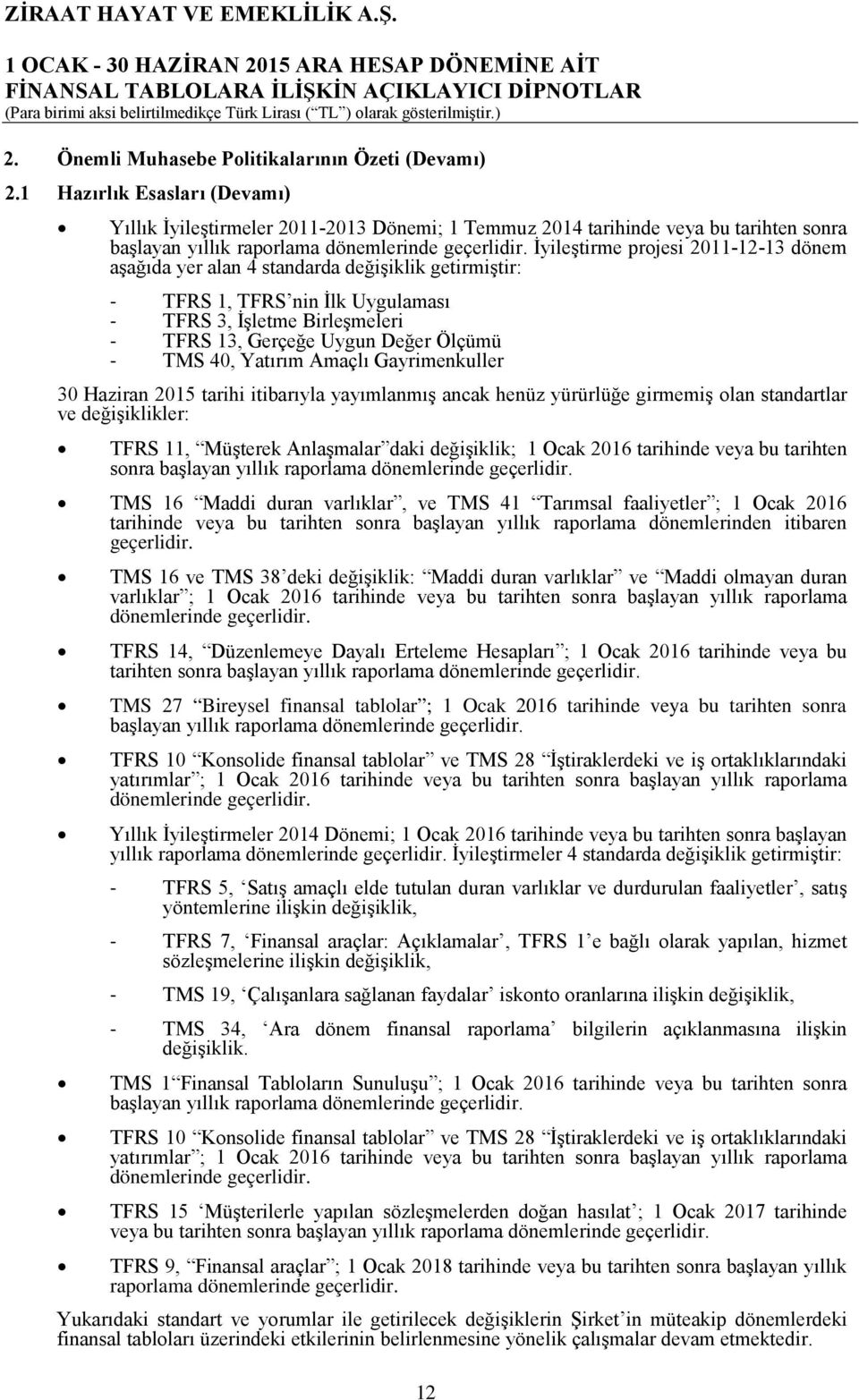 İyileştirme projesi 20111213 dönem aşağıda yer alan 4 standarda değişiklik getirmiştir: TFRS 1, TFRS nin İlk Uygulaması TFRS 3, İşletme Birleşmeleri TFRS 13, Gerçeğe Uygun Değer Ölçümü TMS 40,